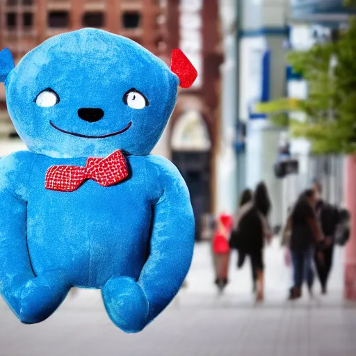 Image similar to blue'snappy gifts'human - sized plush doll, on sidewalk, holding gift, happy atmosphere, high detail, soft lighting, 8 k