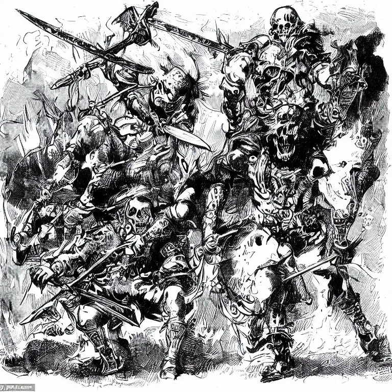 Prompt: a walther caspari illustartion in lustige blatter in 1 8 9 9 of a barbarian armored with swords and metal skulls, black and white pen an ink drawing