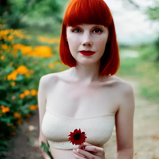 Prompt: Portrait of a young redhead lady with a flower, Canon EOS R3, f/1.4, ISO 200, 1/160s, 8K, RAW, unedited, symmetrical balance, in-frame, red bra