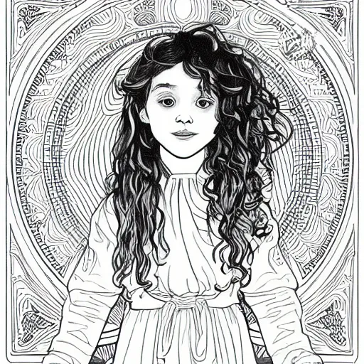 Image similar to clean simple line art of a little girl with wavy curly hair. no background. well composed, clean coloring book page, beautiful detailed face. coloring book line art by greg rutkowski and johanna basford and alphonse mucha