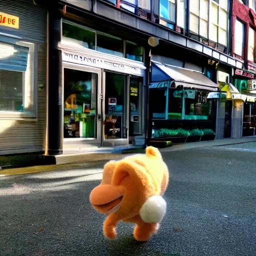Prompt: yoshi walking down the streets of seattle, sunlight, sunny day, full shot