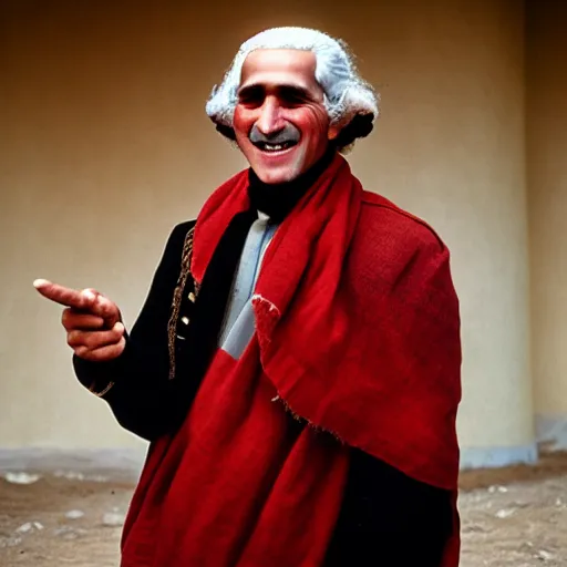 Prompt: portrait of george washington as afghan man, green eyes and red scarf looking intently, laughing, photograph by steve mccurry