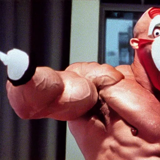 Image similar to film still of an extremely muscular man wearing a plastic goose mask, 1 9 9 8 movie