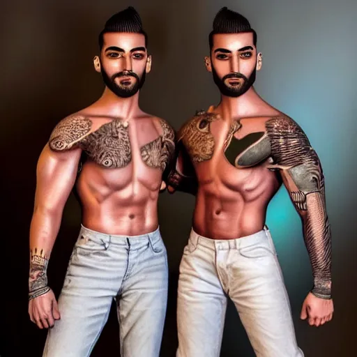 Image similar to a realistic detailed photo of a guy who is an attractive humanoid who is half robot and half humanoid, who is a male android, singer maluma, shiny skin, posing like a statue, blank stare, in a living room, on display, showing off his muscles, with a twin