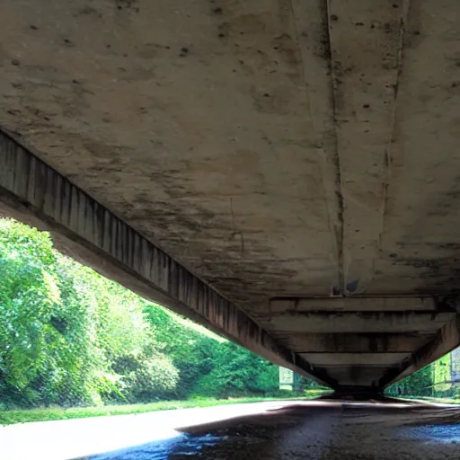 Prompt: after a rain storm under a highway bridge at noon