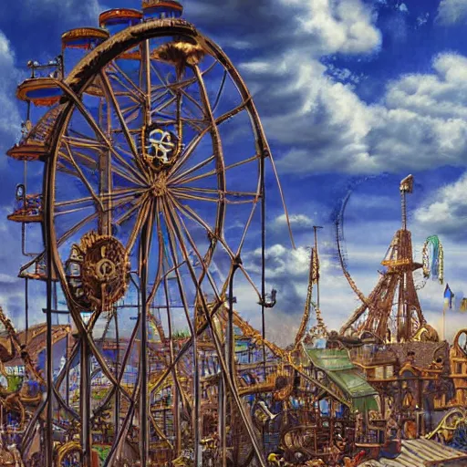 Image similar to a hyperrealistic painting of a steampunk amusement park, rollercoaster, towering ferris wheel, blue skies, fluffy clouds, by john kenn mortensen, highly detailed,