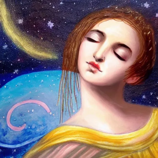 Image similar to beautiful ancient greek girl dreaming of galaxies, painting