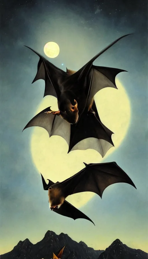 Image similar to hyper realistic white fruit bat, flying against a dark black night sky, mountain in the background, moonlight, denoised, very detailed, painted by, norman rockwell, tom bagshaw