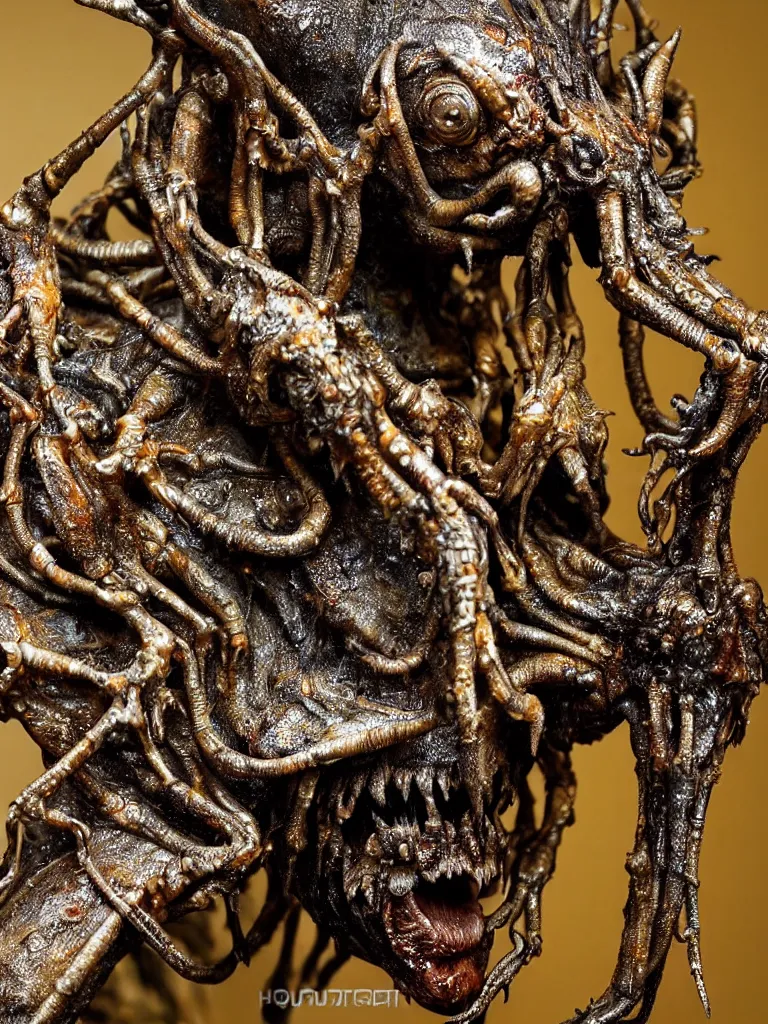 Image similar to photo taken of an epic intricate, ultra detailed, super realistic gritty, wet, slimy, lifelike sculpture of a nightmarish hellish insectoid creature created by weta workshop, menacing, some zoomed in shots, photorealistic, sharp focus, white wall coloured workshop, extremely cold blueish colour temperature, f 0. 4, full body shot, golden ratio