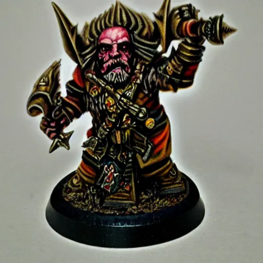 Image similar to chaos dwarf smith in the style of warhammer fantasy : : head and torso oil painting