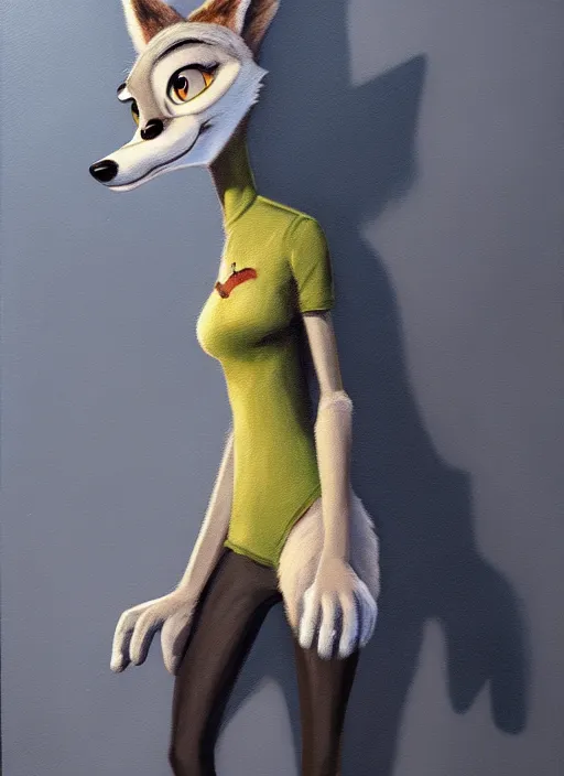 Image similar to oil painting detailed full body of anthromorphic female wolf, in style of zootopia, zootopia, zootopia, fursona, furry, furaffinity, 4 k, deviantart, furry art, fursona art, wearing black business suit, business suit, in style of zootopia, wolf fursona, cyberpunk, female, expressive, detailed feminine face,