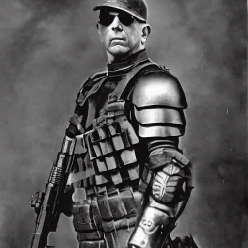 Image similar to old black and white photo, 1 9 1 3, depicting bruce willis in combat armor with guns, historical record, volumetric lights
