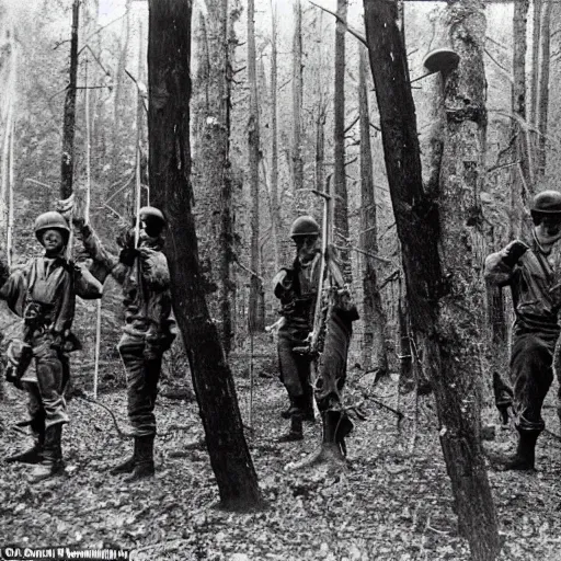 Image similar to wide shot, a squad of executed American Soldiers hanged mid-air on trees, deep in the thick forest, painting, colored, eerie, Lovecraftian, eldritch horror, 1967