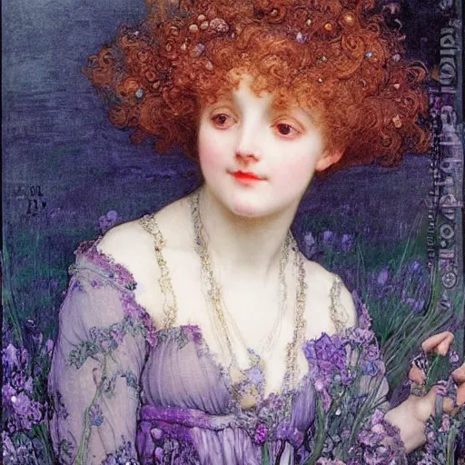 Image similar to a girl with three eyes on 5 translucent luminous spheres, full of floral and berry fillings, in an ocean of lavender color portrait painting by arthur rackham, eugene de blaas, frederic leighton