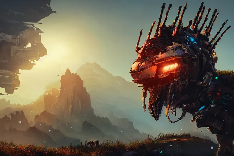 Image similar to bristleback machine mecanical creature robot of horizon forbidden west horizon zero dawn radiating a glowing aura global illumination ray tracing hdr fanart arstation by ian pesty and alena aenami artworks in 4 k