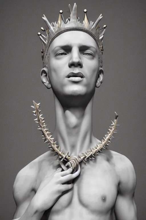 Image similar to full marble baroque style sculpture of handsome young seductive Spanish prince with a spiky hair, wearing a crown made out of woven pipe cleaners, background floating in outer space, photorealism, octane render, artgem, Trending on artstation