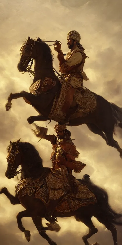 Prompt: Highly detailed and cinematic romantic period oil painting of an Arabian prince riding a rearing horse, beautifully lit and atmospheric, an oil painting masterpiece by Josep Tapiró Baró, RPG portrait, dynamic lighting, 8K
