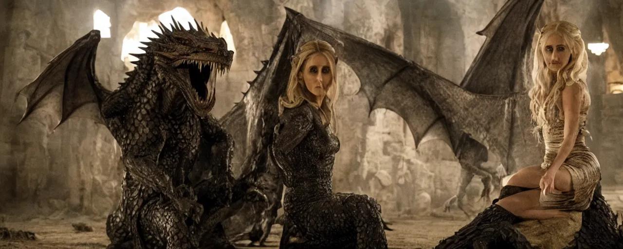 Prompt: A film scene of Sarah Michelle Geller in the TV series Game of Thrones, with a dragon eating a vampire in the Bakcground, High detail