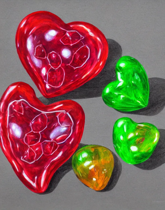 Image similar to transparent crystal gum gum fruit with a ruby shaped like a heart inside the devil fruit, spectacular quality, intricate oil pastel glow, dynamic lighting, photorealistic, ultra detailed, trending on art station