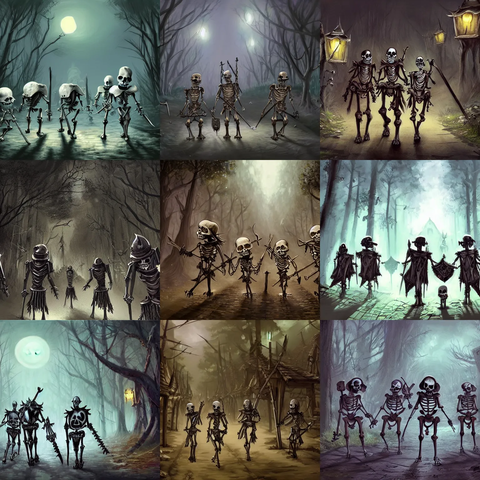 Prompt: a group of skeletons with swords and shields walking in a forest village street at night, dmd, concept art, fantasy art, detailed