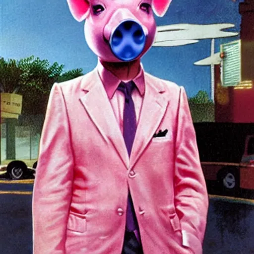 Image similar to man wearing a pink suit and a pink pig mask standing outside a night club, chris foss, john harris, beeple, wayne barlowe