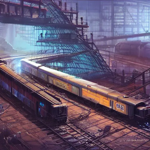 Image similar to Immense industrial futuristic cargo train arrives at cyber punk city station, cinematic lighting, concept art