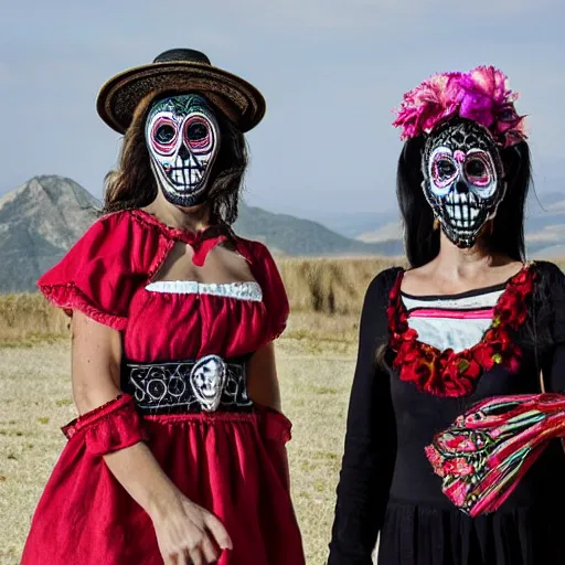 Prompt: women wearing la muerte mask and sardinian traditional female dress