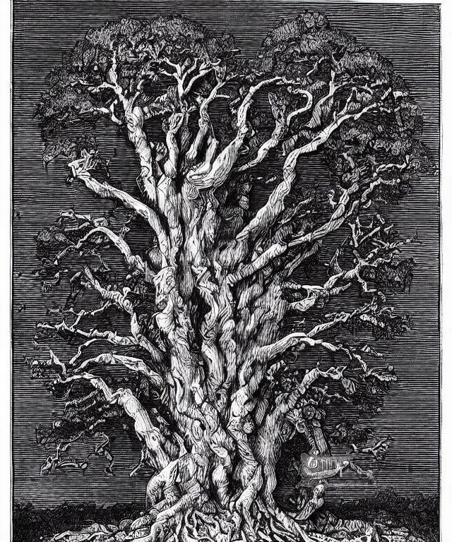 Image similar to ancient gnarled oak, tree of life on top of an open book, art by james o barr and albrecht durer and gustave dore, woodblock print, engraved, black and white, vector, vector art