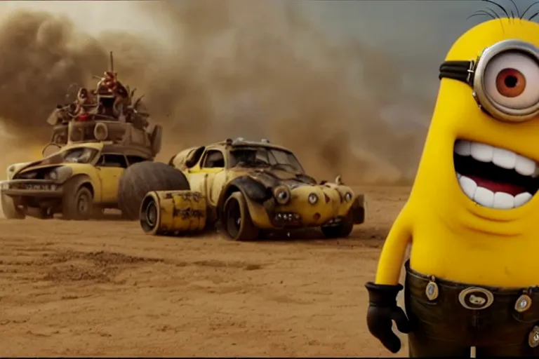 Prompt: a Minions vs Mario, yellow and red, mechabot, in the Movie Mad Max: Fury Road 2015, epic sandstorm battle, action