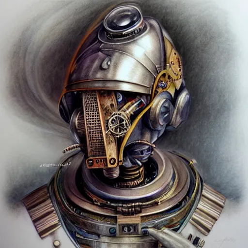 Image similar to hyper realistic pencil drawing of a steampunk robot , water color, full portrait, detailed, rim light, diffused, intricate, by anna dittmann,