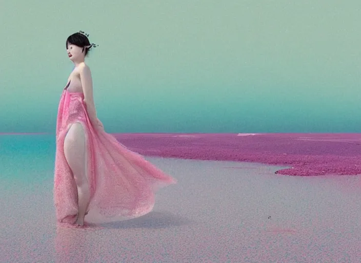 Image similar to lee jin - eun in luxurious dress emerging from pink and turquoise water in salar de uyuni with the ground reflecting the aurora borealis by takato yamamoto, james jean, conrad roset, m. k. kaluta, martine johanna, rule of thirds, elegant look, beautiful, chic, face anatomy, cute complexion