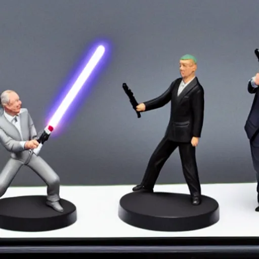 Image similar to photo of putin, trump, obama and bush having a lightsaber fight, figurine