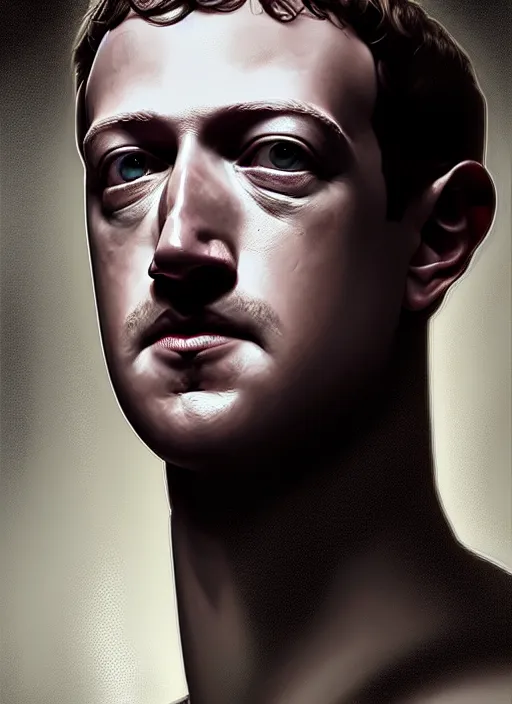 Image similar to mark zuckerberg as male android!!!, sci - fi, wires, dead eyes, portrait, intricate, elegant, highly detailed, digital painting, artstation, concept art, wallpaper, smooth, sharp focus, illustration, art by h. r. giger and artgerm and greg rutkowski and alphonse mucha