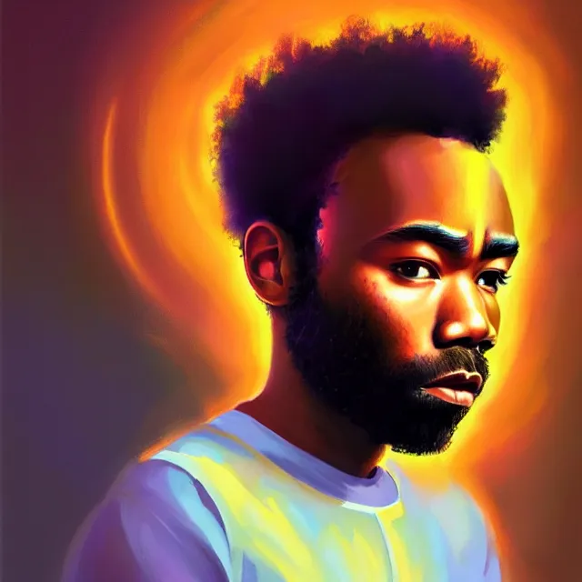 Prompt: portrait of donald glover by mandy jurgens, cartoon, oil painting, visionary art, symmetric, magic symbols, holy halo, dramatic ambient lighting, high detail, vibrant colors,