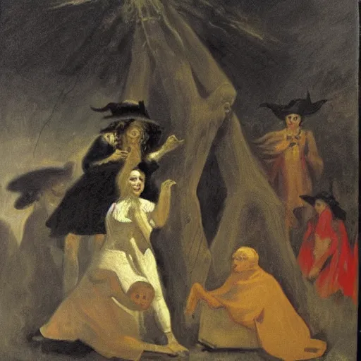 Prompt: a painting of a witches coven in the style of francisco goya