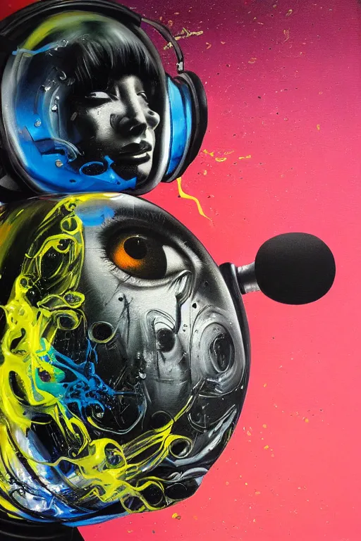 Prompt: hyperrealism surrealism acrylic painting, aerosol splashes on paper, close - up portrait of bowling ball - with big headphones and a mime sweater art by jeff soto