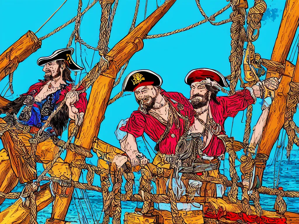 Image similar to a colorful detailed illustration of a drunk pirate barely holding on to the bowsprit of a pirate ship, long shot, captain morgan rum style