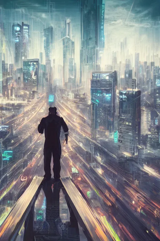 Image similar to a man standing on top of a bridge over a city, cyberpunk art by vincent lefevre, behance contest winner, altermodern, cityscape, synthwave, matte painting