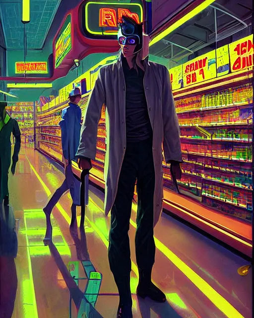 Image similar to cyberpunk man shopping at a neon soaked grocery store, science fiction painting, elegant intricate digital painting artstation, art by coby whitmore and gil elvgren, detailed