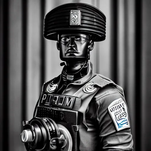 Prompt: Cyborg policeman on duty, Portrait, Tamron 35mm 1.8