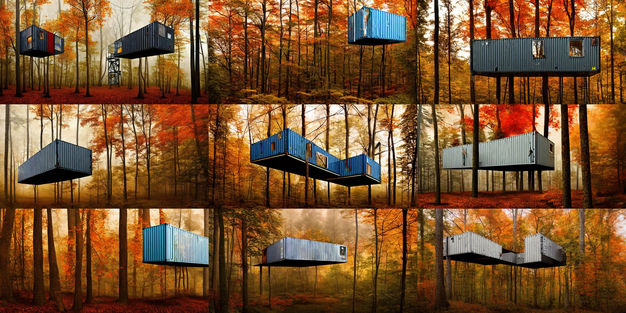 Prompt: treehouse, on thick stilts, made of glass shipping container, modernist, william penn state forest, autumn, atmospheric, misty, trending on artstation, cgsociety, oil on canvas, denoise, masterpiece, cinematic composition, hyper - detailed, hd, hdr, 8 k