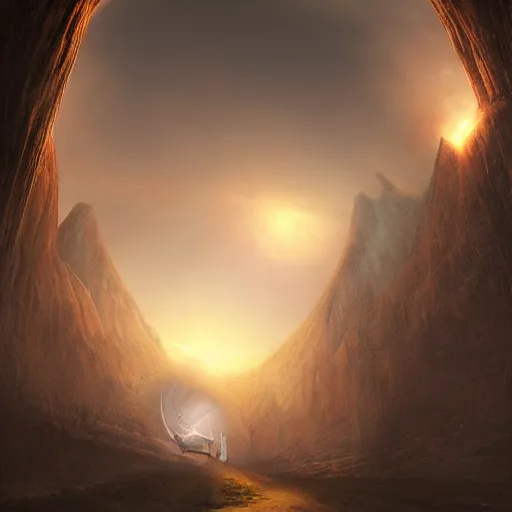 Image similar to a tunnel in the sky with a light at the end, a detailed matte painting by john martin, cgsociety, fantasy art, matte painting, volumetric lighting, terragen