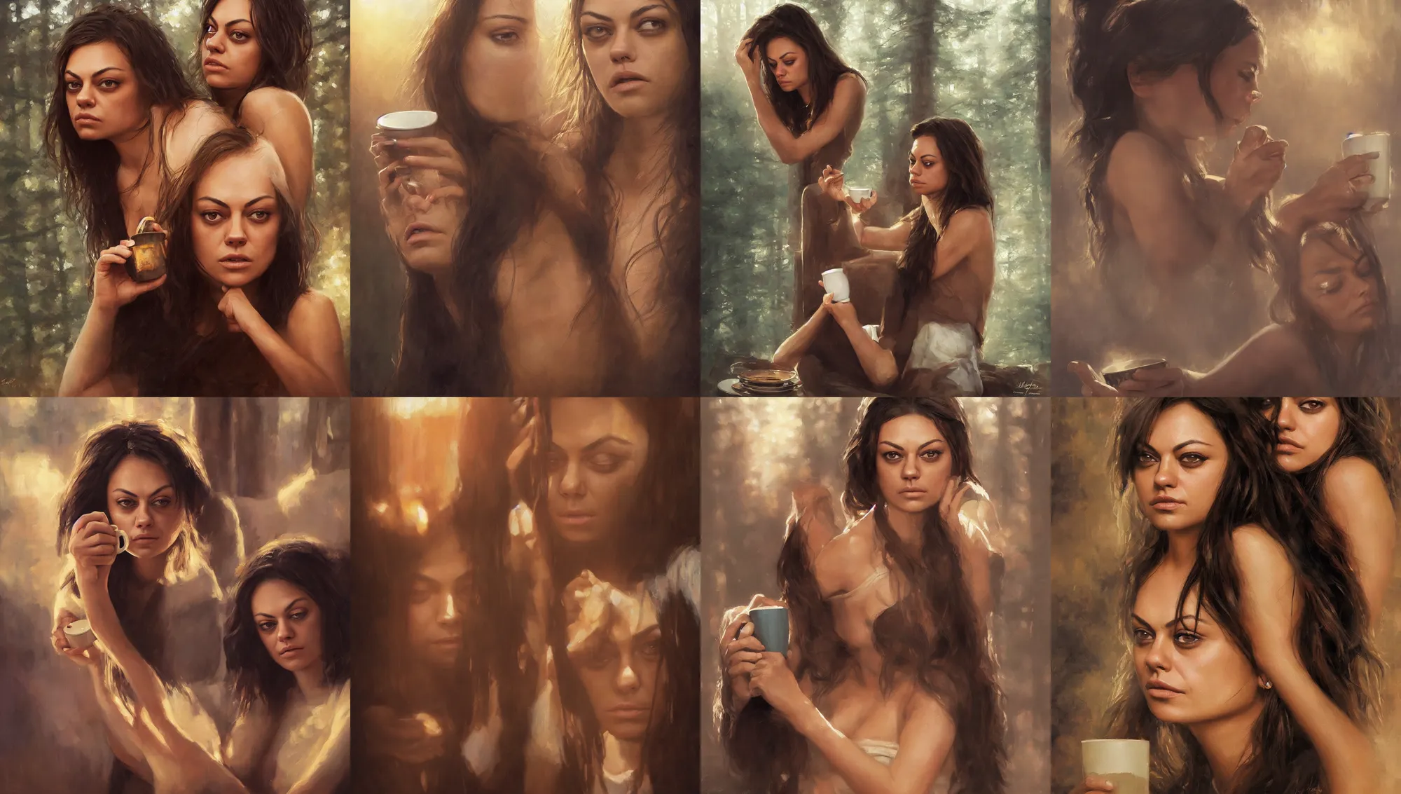 Image similar to close portrait of sleepy mila kunis waking up with coffee, dramatic light, morning golden hour, forest cabin background, 2 0 0 mm focal length, 1 9 7 0 s, painted by stanley lau, painted by greg rutkowski, painted by stanley artgerm, digital art, trending on artstation