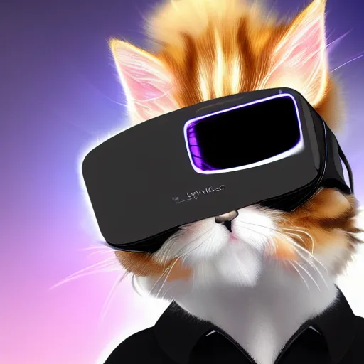 Image similar to crypto trading lyoki kitten from the future, wearing a cool vr headset 8 k hyperrealistic, trending on artstation