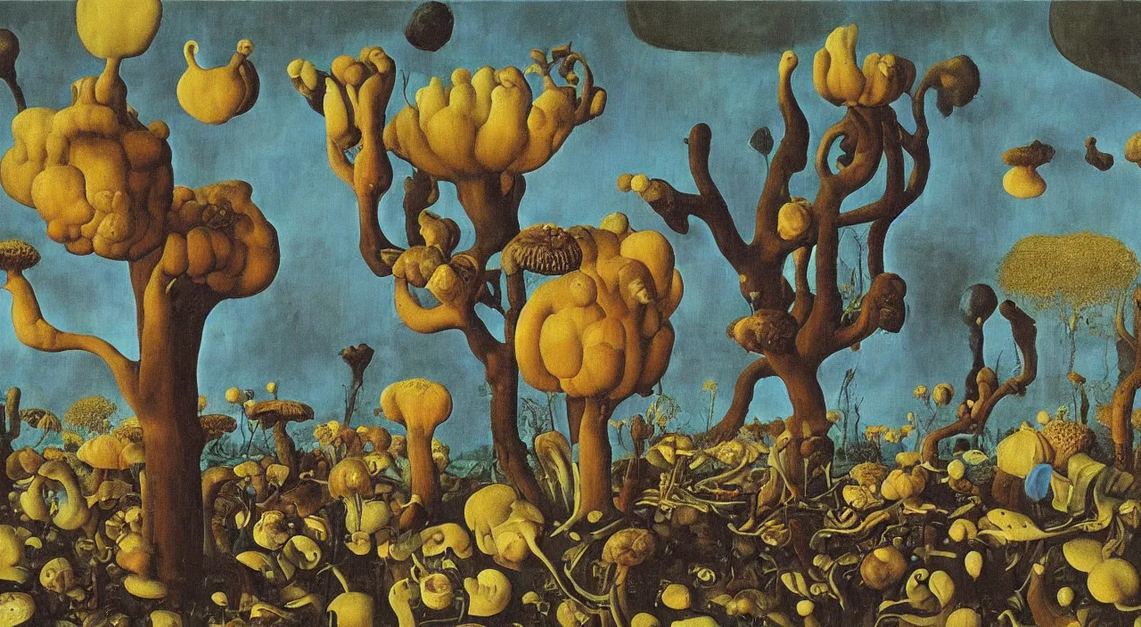 Prompt: surreal flooded! fungus. painting by jan van eyck, audubon, rene magritte, agnes pelton, max ernst, walton ford, high contrast!!, dark shadows, sunny day, white background, hard lighting, masterpiece