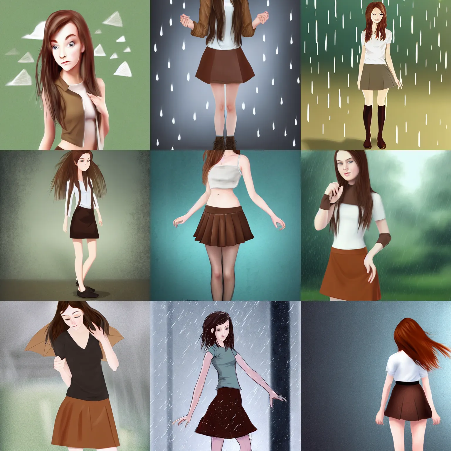 Prompt: beautiful young woman with brown hair and pale skin, standing in the rain, wearing a short skirt, concept art