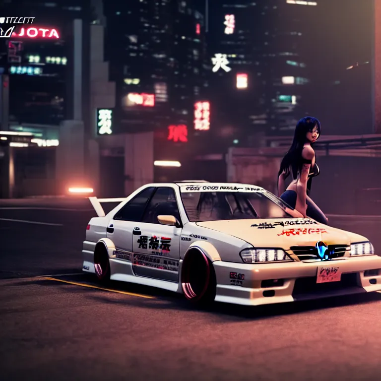 Image similar to toyota jzx 1 0 0 drift, detailed - wheels, shibuya prefecture, cyberpunk female supermodel in front, cinematic lighting, photorealistic, night photography, octane render