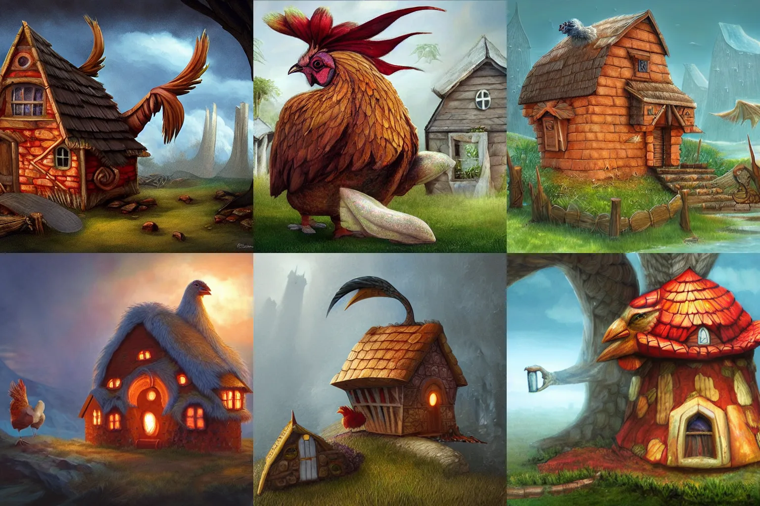 Prompt: giant chicken wearing a house, award-winning fantasy art