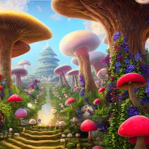 Image similar to A beautiful hyper detailed matte painting of a portrait of princess peach, running through a hedge garden of exotic flowers in the Mushroom Kingdom, giant mushrooms, and roses, from behind, streets, birds in the sky, sunlight and rays of light shining through trees, art by Ted Nasmith and Peter Mohrbacher, 4k unreal engine