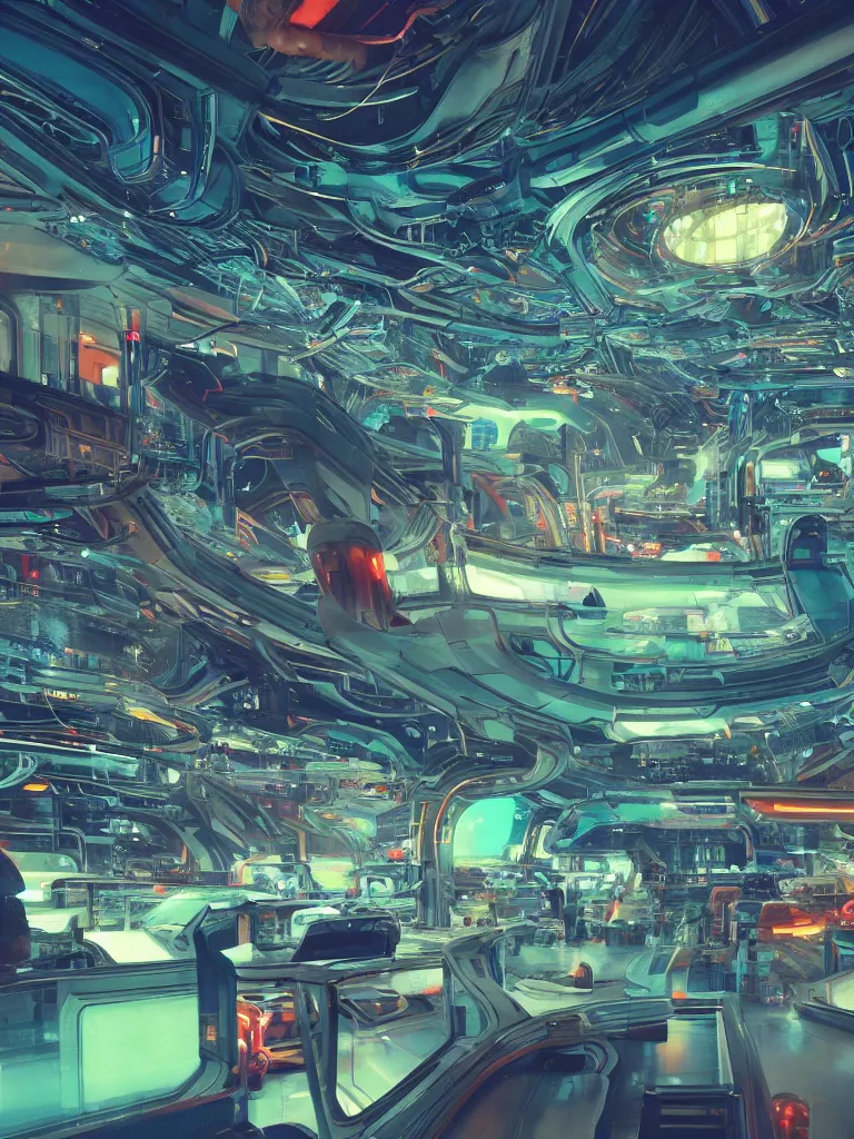 Image similar to kodachrome photo of futuristic interior of a busy spaceport on an alien world, neon lighting and spotlights, intricate artwork by tooth wu and wlop and beeple. octane render, trending on artstation, greg rutkowski very coherent symmetrical artwork. cinematic, hyper realism, high detail